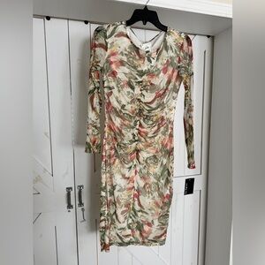 Enfocus Studio Floral Ruched Long Sleeve Dress in Cream, Green, Pink